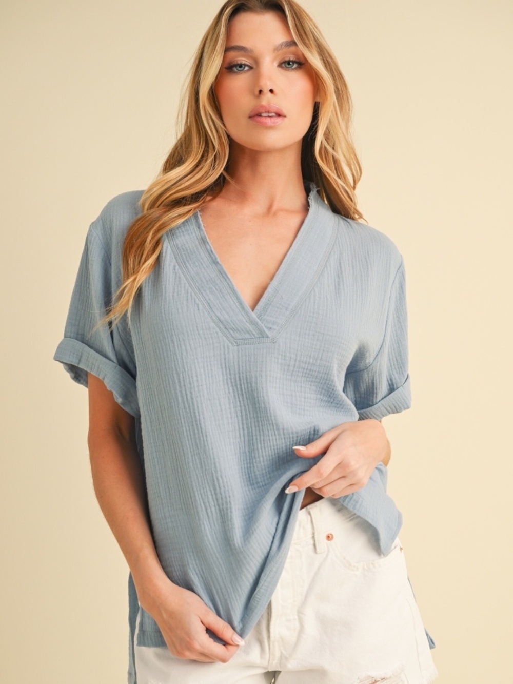 Denim Blue Raw Edge Gauze Short Sleeve Casual Spring Summer Top